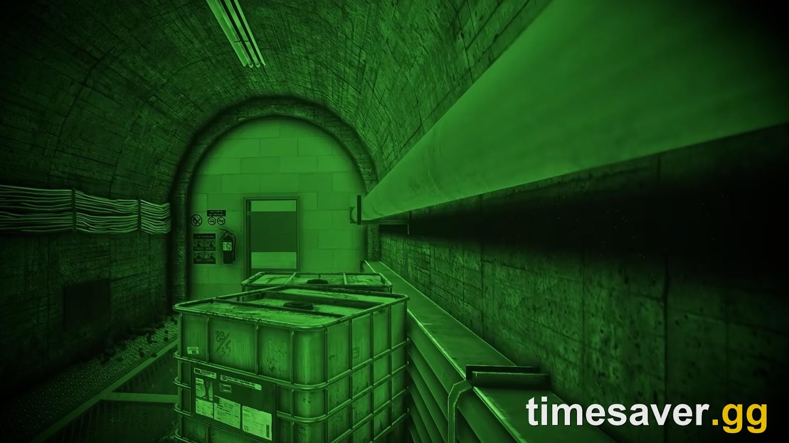 A pitch-black corridor in The Lab seen through night-vision during the Tarkov Blackout event, where the emergency access code opens every keypad door