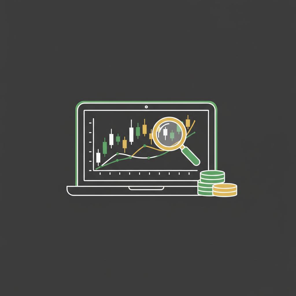 Minimalist 2D vector laptop showing coin market style candlestick and line charts with a magnifying glass and coin icons on dark background ripple shares price