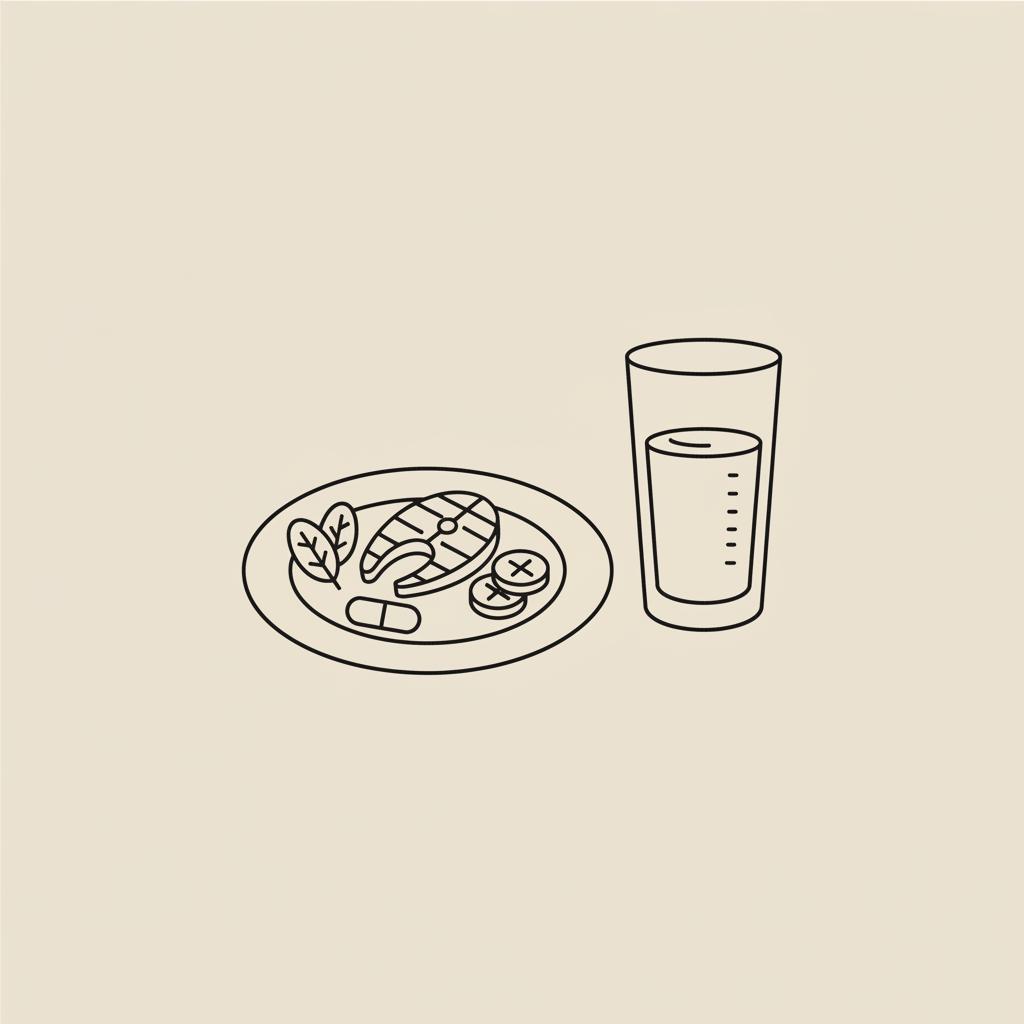 Minimalist vector line illustration of a plate with fish and vegetables, a water glass and a supplement capsule on beige background to represent stop cravings.