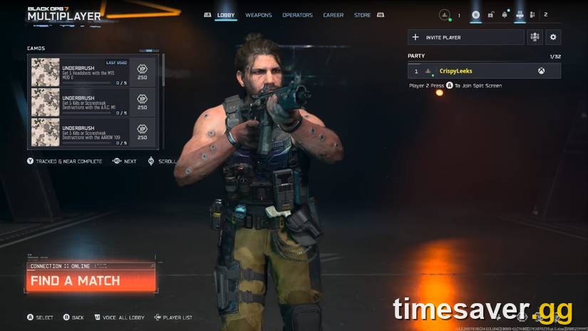 Black Ops 7 multiplayer lobby showing CONNECTION :: ONLINE and the FIND A MATCH button
