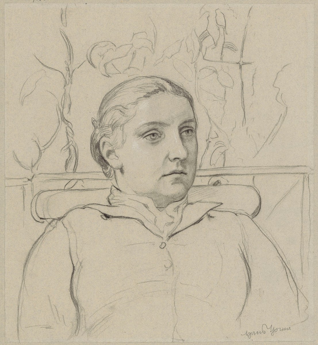 Portrait of the artists wife in bust sitting on a bench against the background o