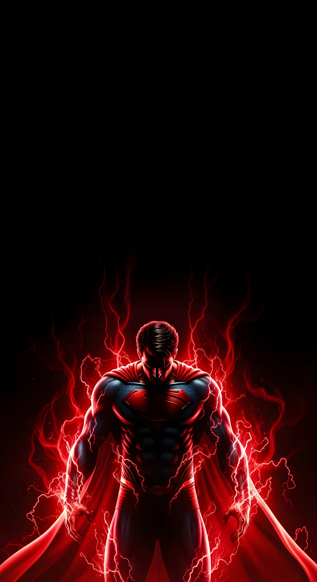 Glowing Superhero Silhouette in Red Energy and Lightning on Black Background - Free 4K mobile Wallpaper