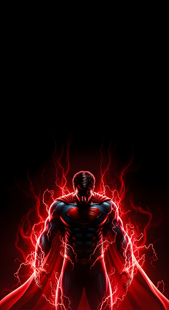 Glowing Superhero Silhouette in Red Energy and Lightning on Black Background - Free mobile Wallpaper