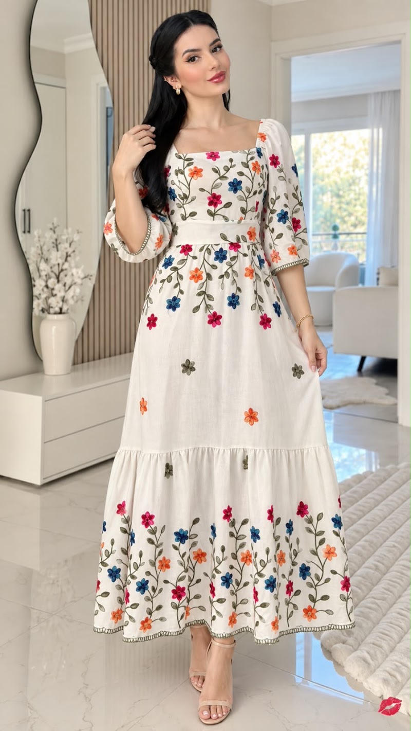 Vestido largo de lino bordado