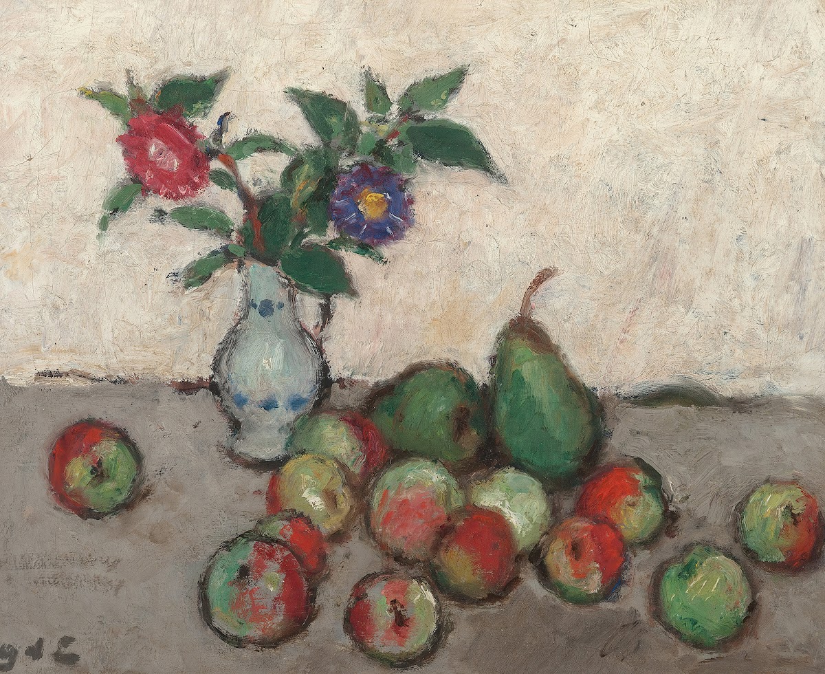 Still life with flowers in a blue and white vase with apples and pears on a tabl