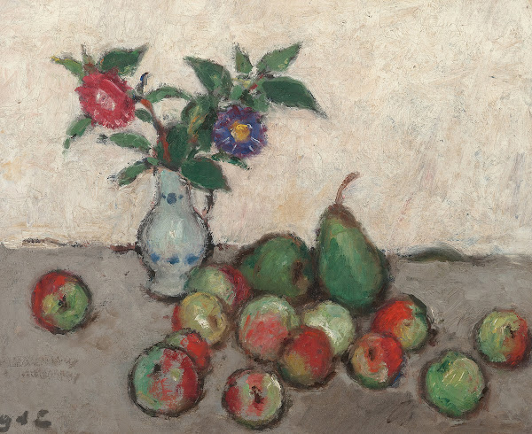 Still life with flowers in a blue and white vase with apples and pears on a tabl