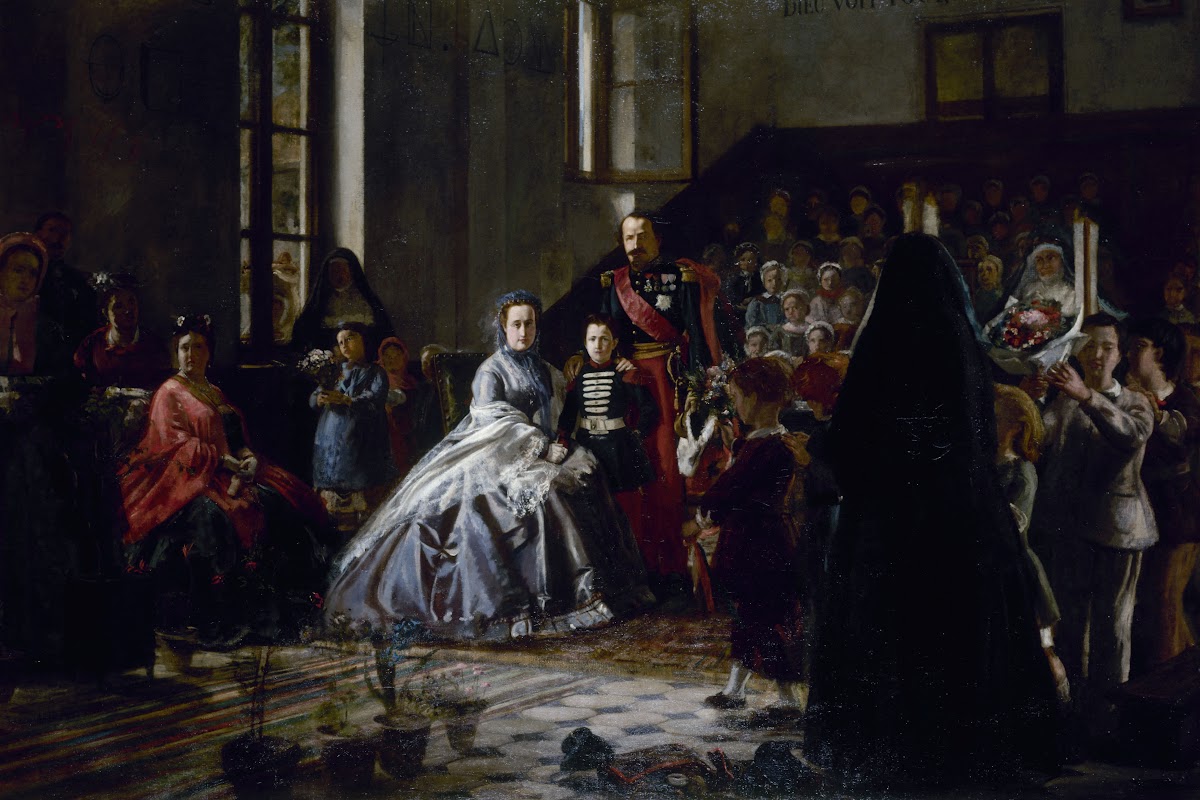 LEmpereur lImpératrice et le prince impérial visitant une salle dasile à Fontain