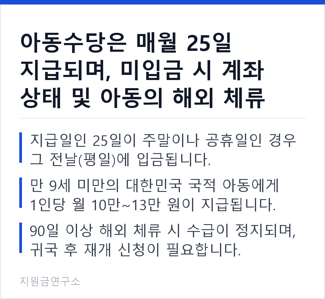 아동수당은 매월 25일 지급되며, 미입금 시 계좌 상태 및 아동의 해외 체류 여부를 먼저 확인해야 합니다. 지급일인 25일이 주말이나 공휴일인 경우 그 전날(평일)에 입금됩니다. 만 9세 미만의 대한민국 국적 아동에