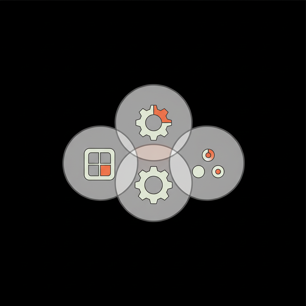 Minimal 2D vector infographic of three overlapping circles with small icons (platform, tool, user dots) forming a triangulation on black background — trending hashtag