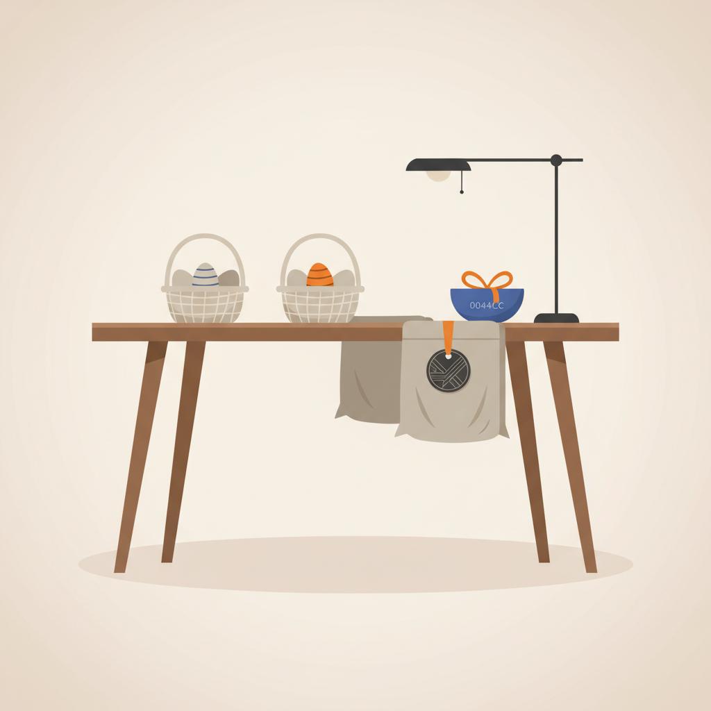 Minimalistische 2D-Vektorillustration eines Wohnzimmers mit Holztisch, Osterkörben, wiederverwendbaren Stoffbeuteln und graviertem Metallanhänger als Blickfang – ostergeschenke für enkel