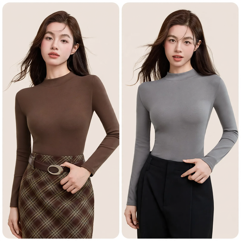 Women's long sleeve cotton shirt, stand-up collar, fitted
