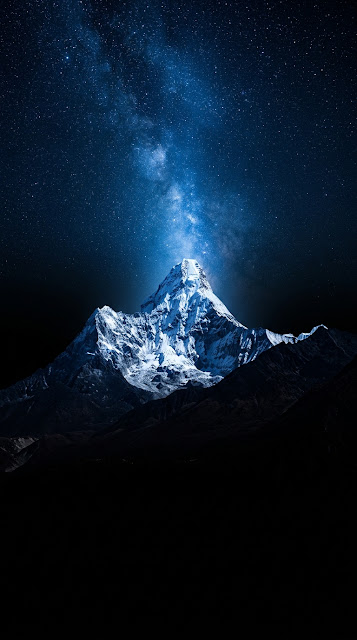 Snowy Mountain Peak Starlit Blue Sky Cosmic Light Wallpaper - Free mobile Wallpaper