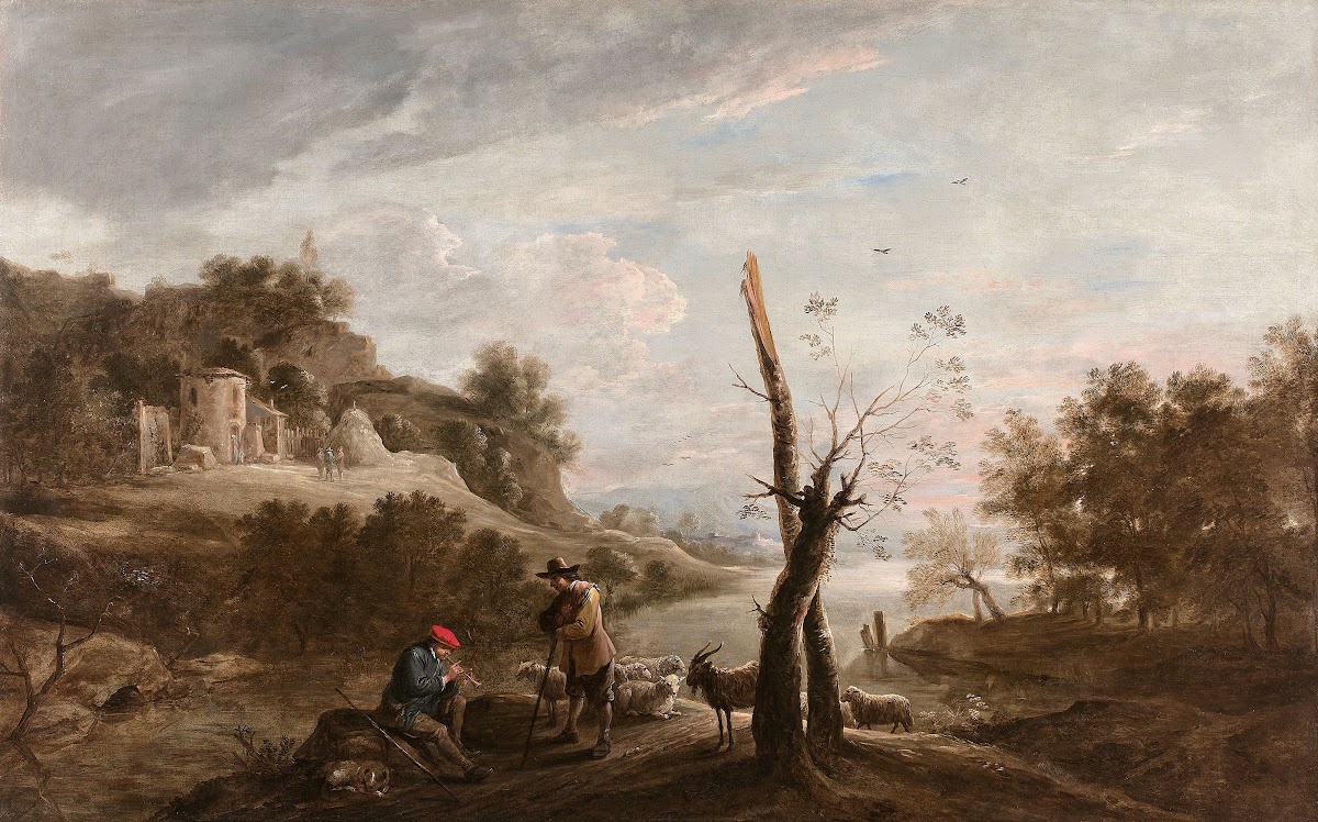Bergers et leurs troupeaux dans un paysage