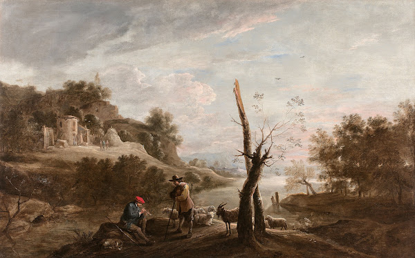 Bergers et leurs troupeaux dans un paysage