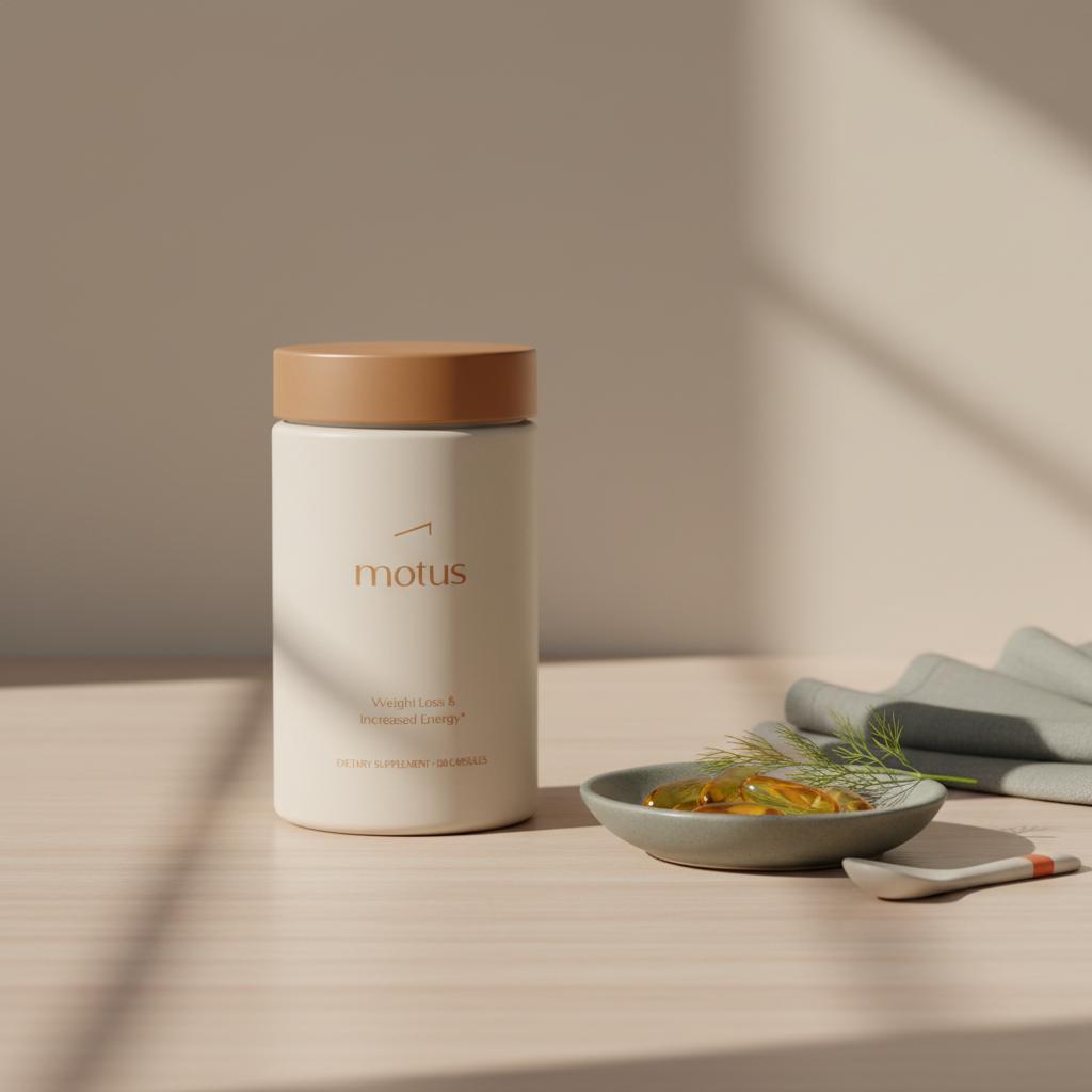 Minimalist product photo of a DHA supplement jar beside a small dish of translucent capsules and a sprig of dill on a clean wooden surface — DHA supplement.