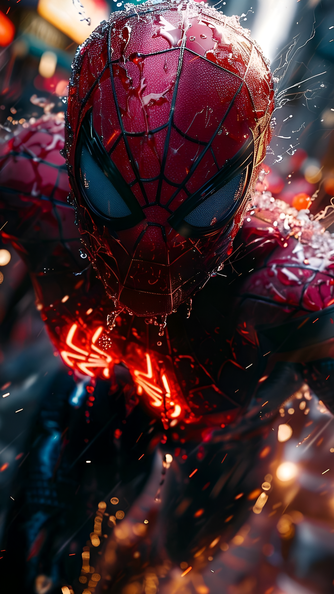 Cinematic Spiderman Suit Wet Neon Glow Marvel Art - Free 4K mobile Wallpaper