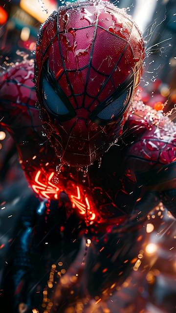 Cinematic Spiderman Suit Wet Neon Glow Marvel Art - Free mobile Wallpaper