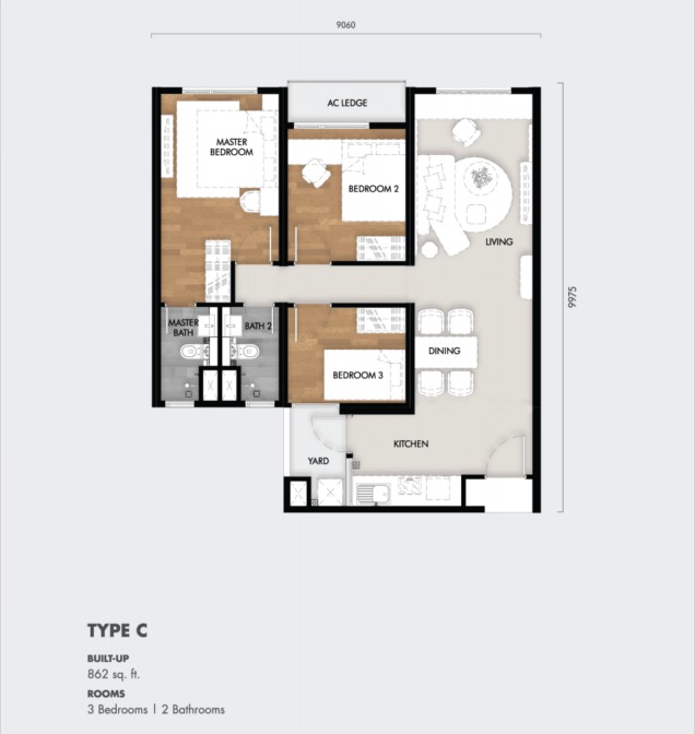 Tujuh Residences Type C floor plan — 819 sq ft, 2 bedrooms