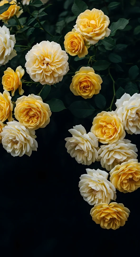 Cluster of Yellow and Cream Roses on Dark Moody Background