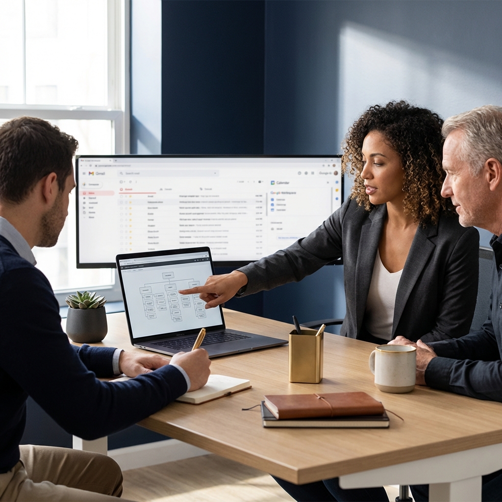 Small diverse team reviewing a sitemap on a laptop with Google Workspace apps visible on a background monitor minimalist workspace navy and gold Orvus style google sites seo