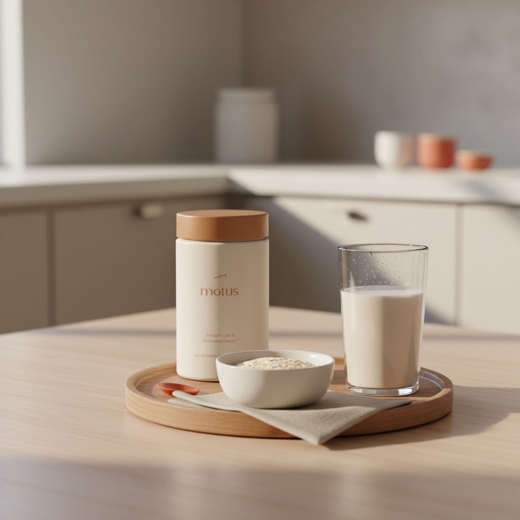 Tonum Motus container on a wooden tray next to a prepared meal replacement shake, a small bowl of oats and a linen napkin in a minimalist breakfast nook for meal replacement shakes for weight loss
