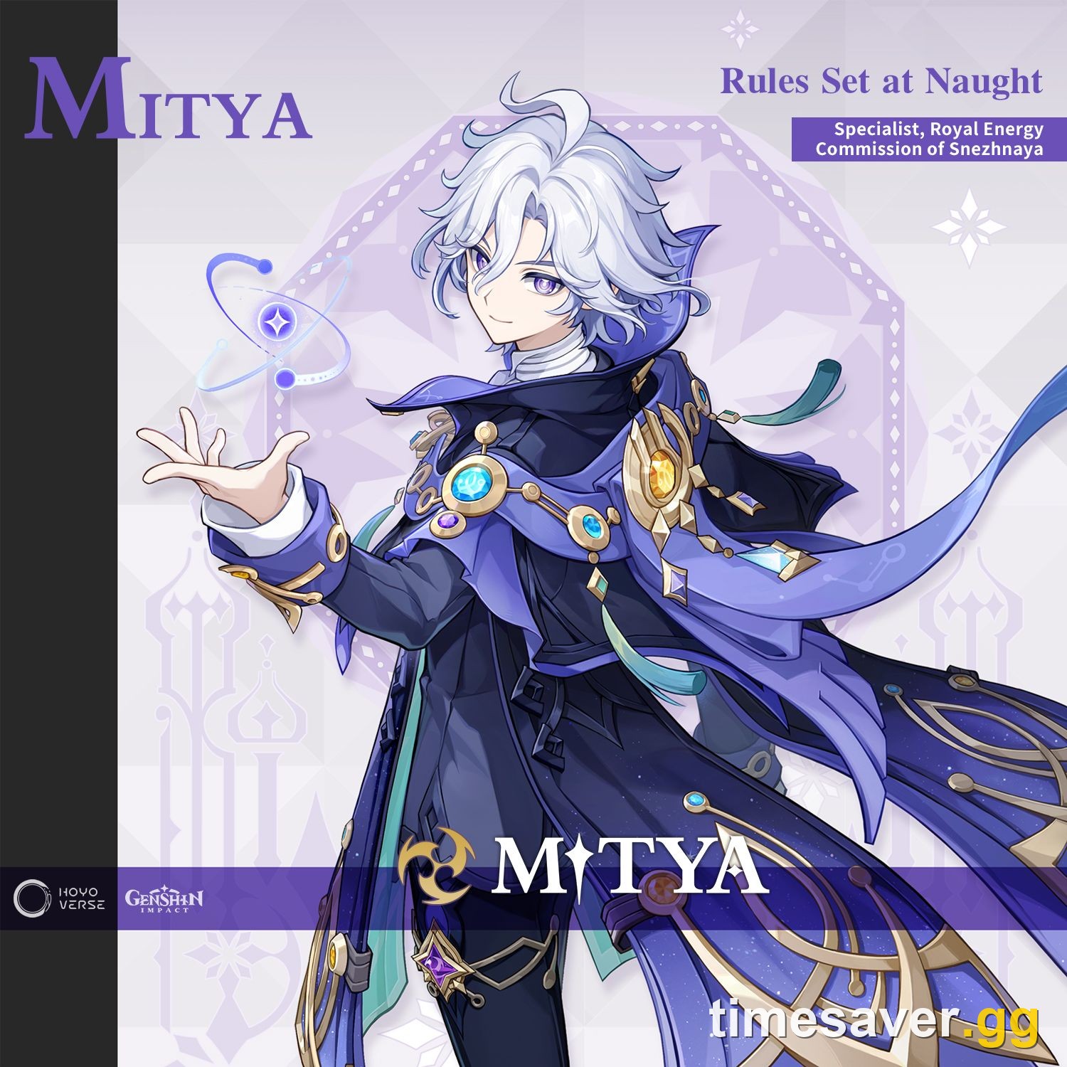 Official HoYoverse introduction card for Mitya in Genshin Impact showing the name Mitya, the title Rules Set at Naught and the role Specialist of the Royal Energy Commission of Snezhnaya