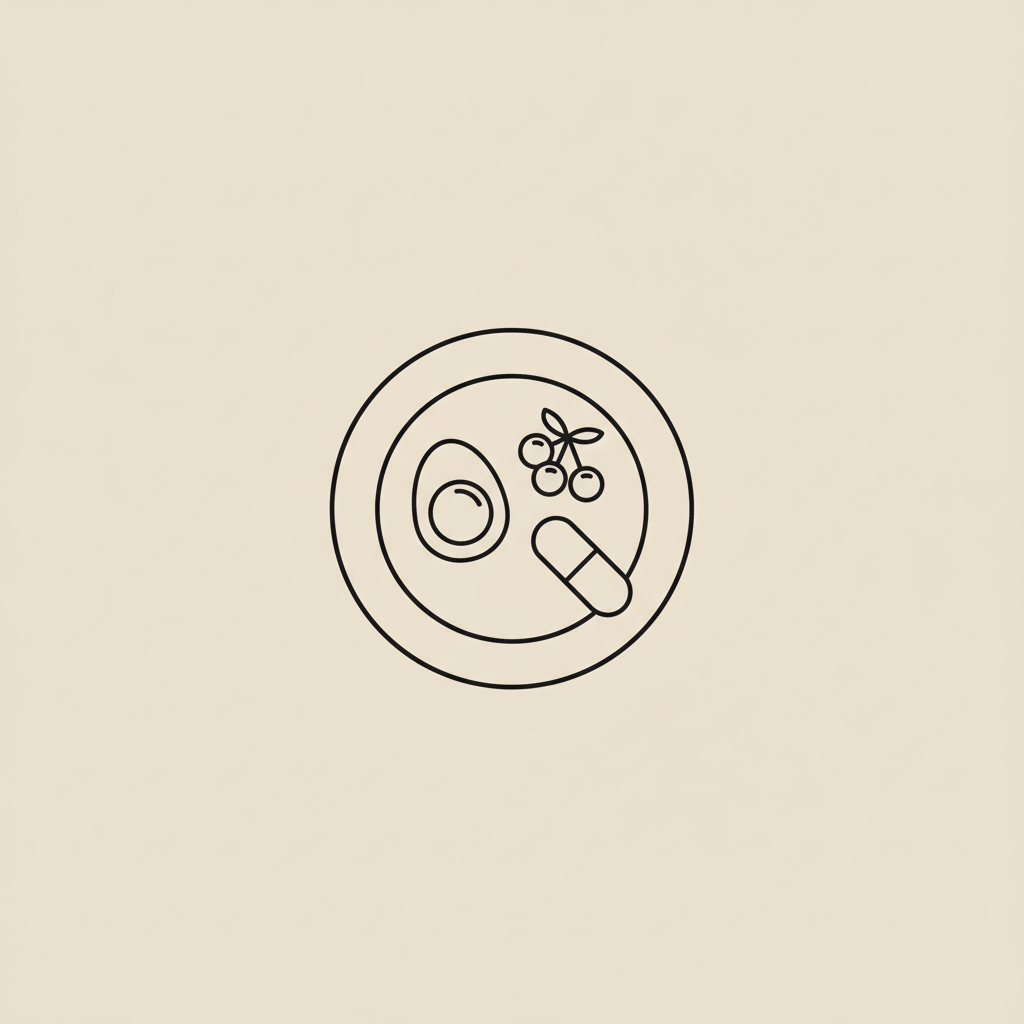 Minimal Tonum-style vector line illustration of a plate with a boiled egg, berries, and a capsule on beige background #F2E5D5 — 30/30/30 rule for fat loss