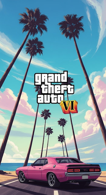 Grand Theft Auto VI Inspired Retro Sunset with Pink Muscle Car - Free mobile Wallpaper