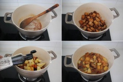 Phần dầu ăn thừa còn trong nồi thêm đường vào đun và khuấy đều tạo caramel, thêm thịt vào đảo chung cho thấm màu. Cho măng, gốc hành, hoa hồi và một ít nước tương vào đảo đều. Thêm 600ml nước ấm và lá nguyệt quế vào đun sôi rồi hạ nhỏ lửa đun khoảng 1 giờ cho thịt mềm và cạn bớt nước. Bạn nêm lại gia vị cho vừa ăn rồi tắt bếp.