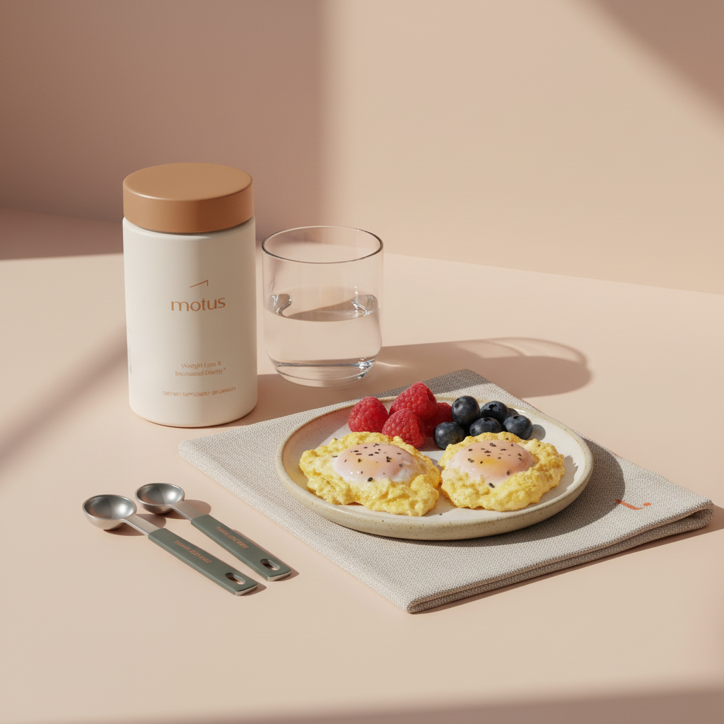 Close-up of Tonum Motus container beside measuring spoons and a plate of eggs and berries on a linen napkin, suggesting a healthy routine and skinny pills.