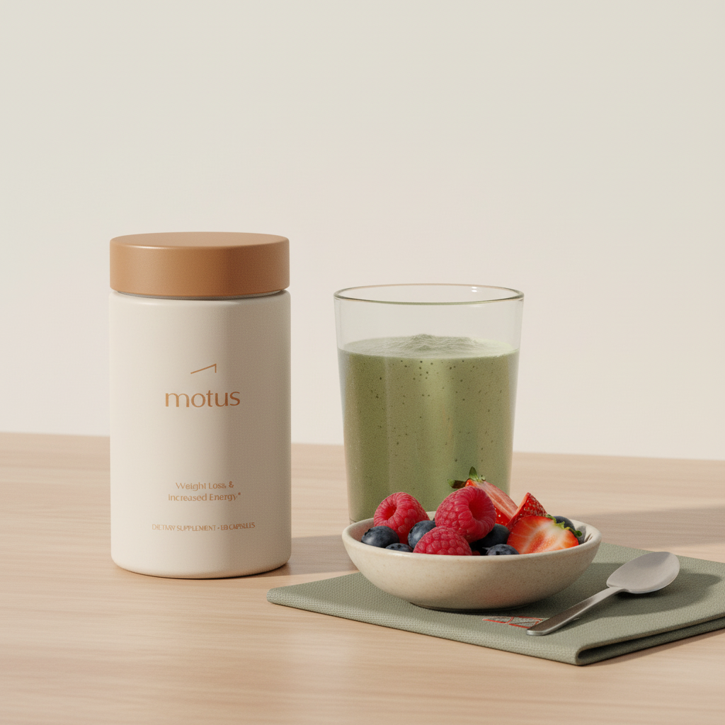 Motus supplement jar next to a prepared shake and bowl of berries on a light wooden surface, minimalist Tonum scene for best shakes for weight loss