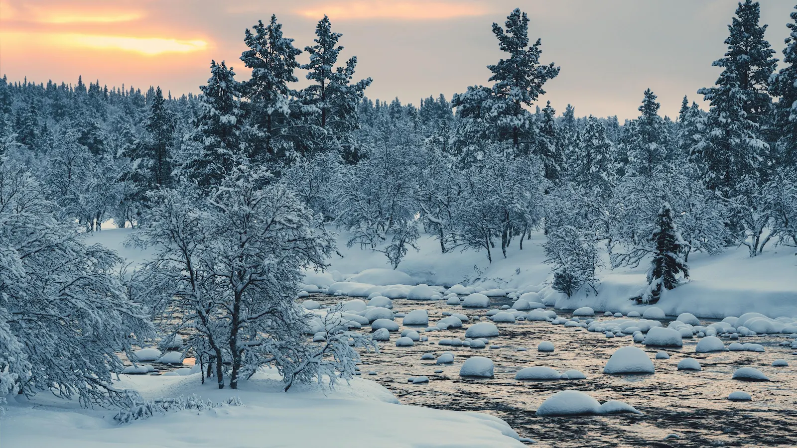 Snowy River In Winter Forest - Winter Landscape Photography 4K Wallpaper (3840x2160)