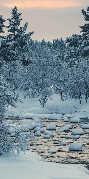 Snowy River In Winter Forest 4K Wallpaper Background