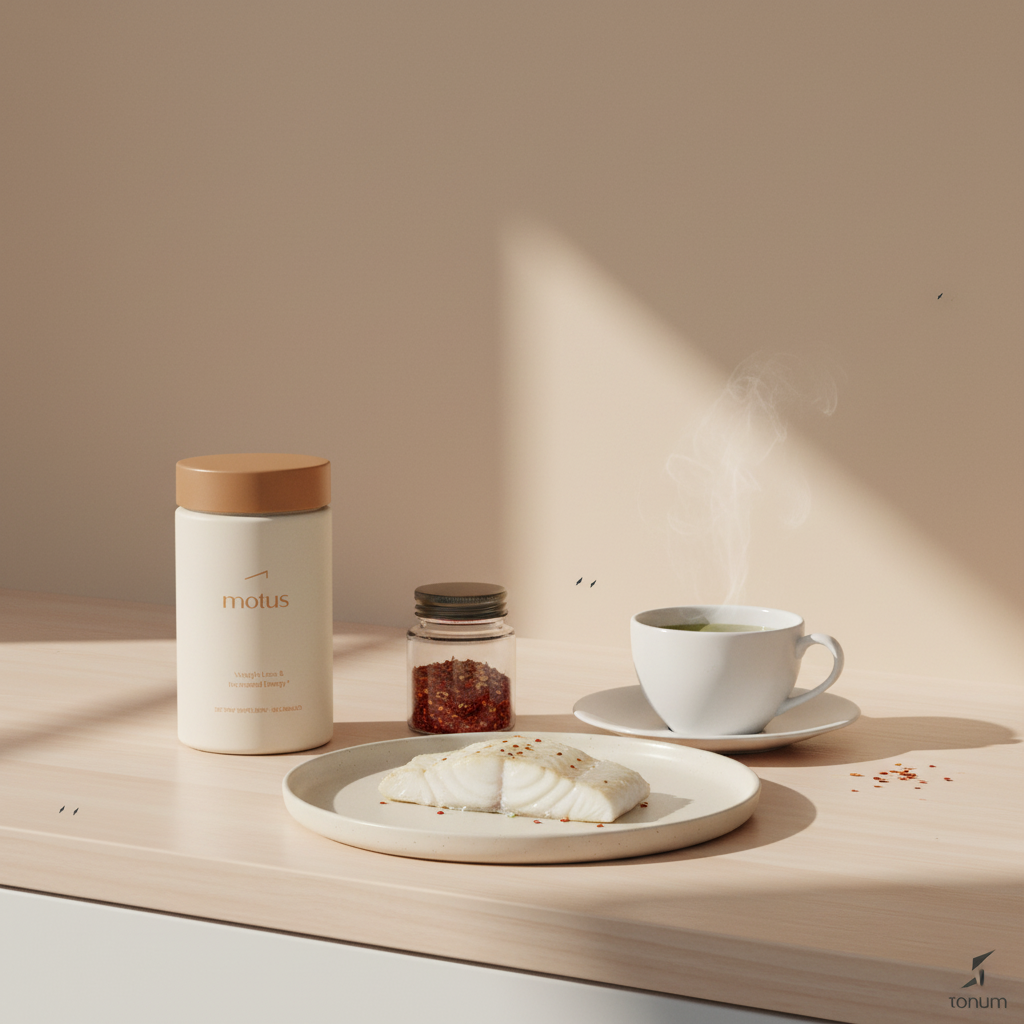 Most thermogenic food: Tonum Motus jar beside cooked white fish, small jar of chili flakes and steaming green tea on a minimalist kitchen counter in Tonum brand colors