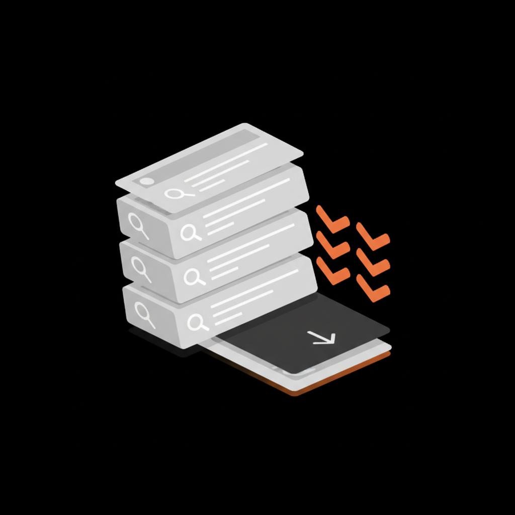 Minimal vector infographic of layered cards and arrows pushing a negative review down search results, illustrating how to delete a google review page.