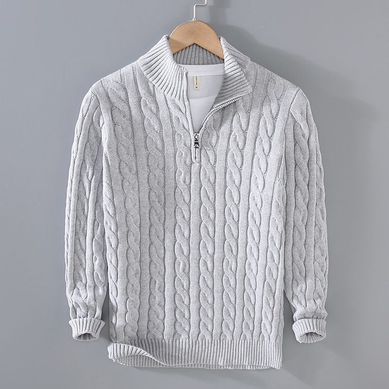 Men's Knitted Sweater with Zipper and Stand-Up Collar