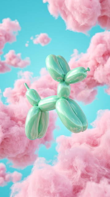 Glossy Mint Green Balloon Dog Floating in Pink Clouds - Free mobile Wallpaper
