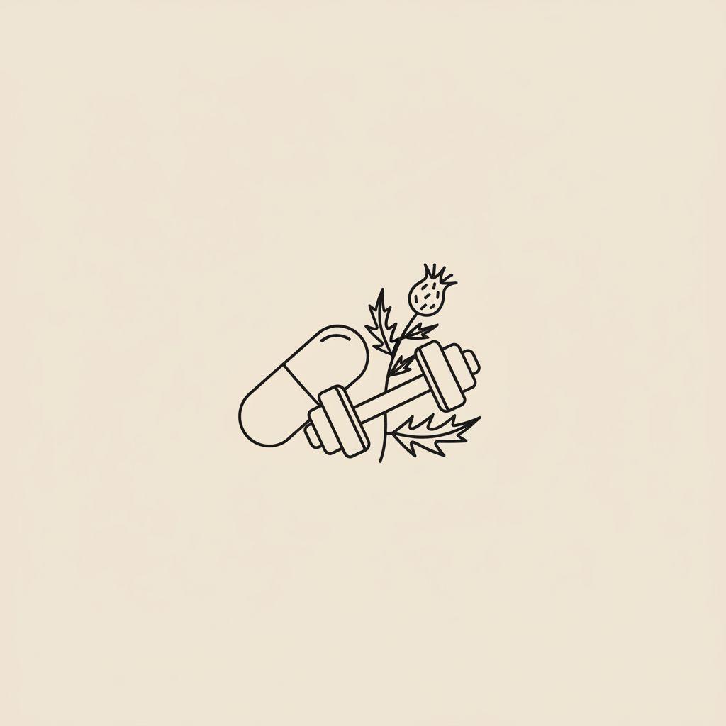 Minimal Tonum-style vector line illustration of a capsule, small dumbbell, and milk thistle sprig on beige background — creatine for women over 40