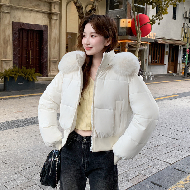 Short women's winter jacket with a removable hood