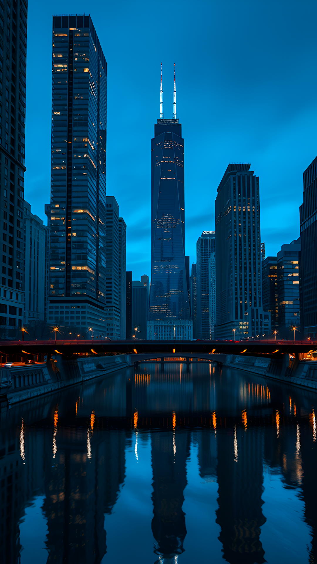 Chicago Skyline Reflection Blue Hour River View - Free 4K mobile Wallpaper