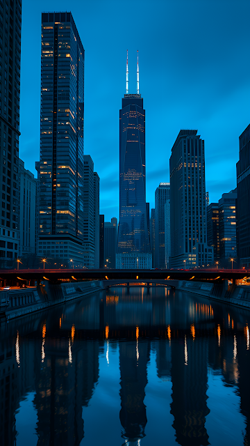 Chicago Skyline Reflection Blue Hour River View - Free mobile Wallpaper