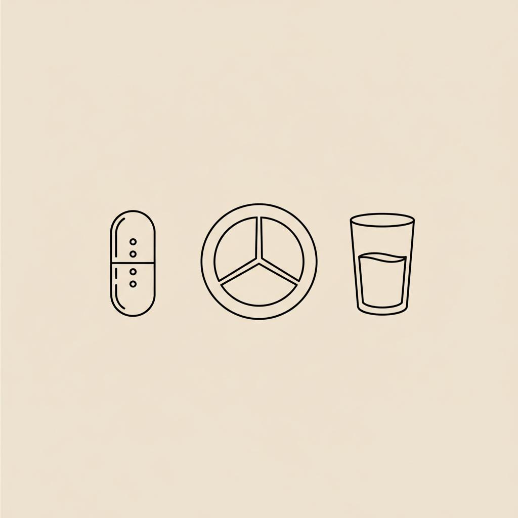 Who should NOT take Zepbound? Tonum-style vector line illustration of a capsule, divided plate, and water glass on beige background.