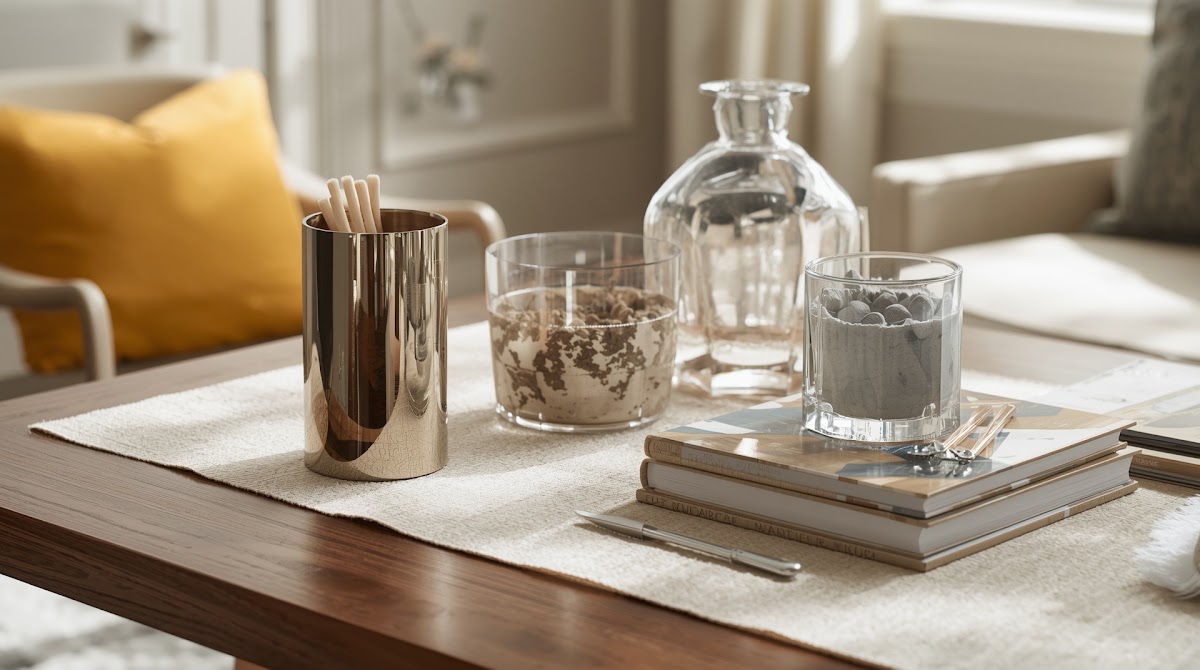 How to Make Chrome Home Office Accessories Work With a Wood Desk - chrome wood textile and neutral color palette mood board