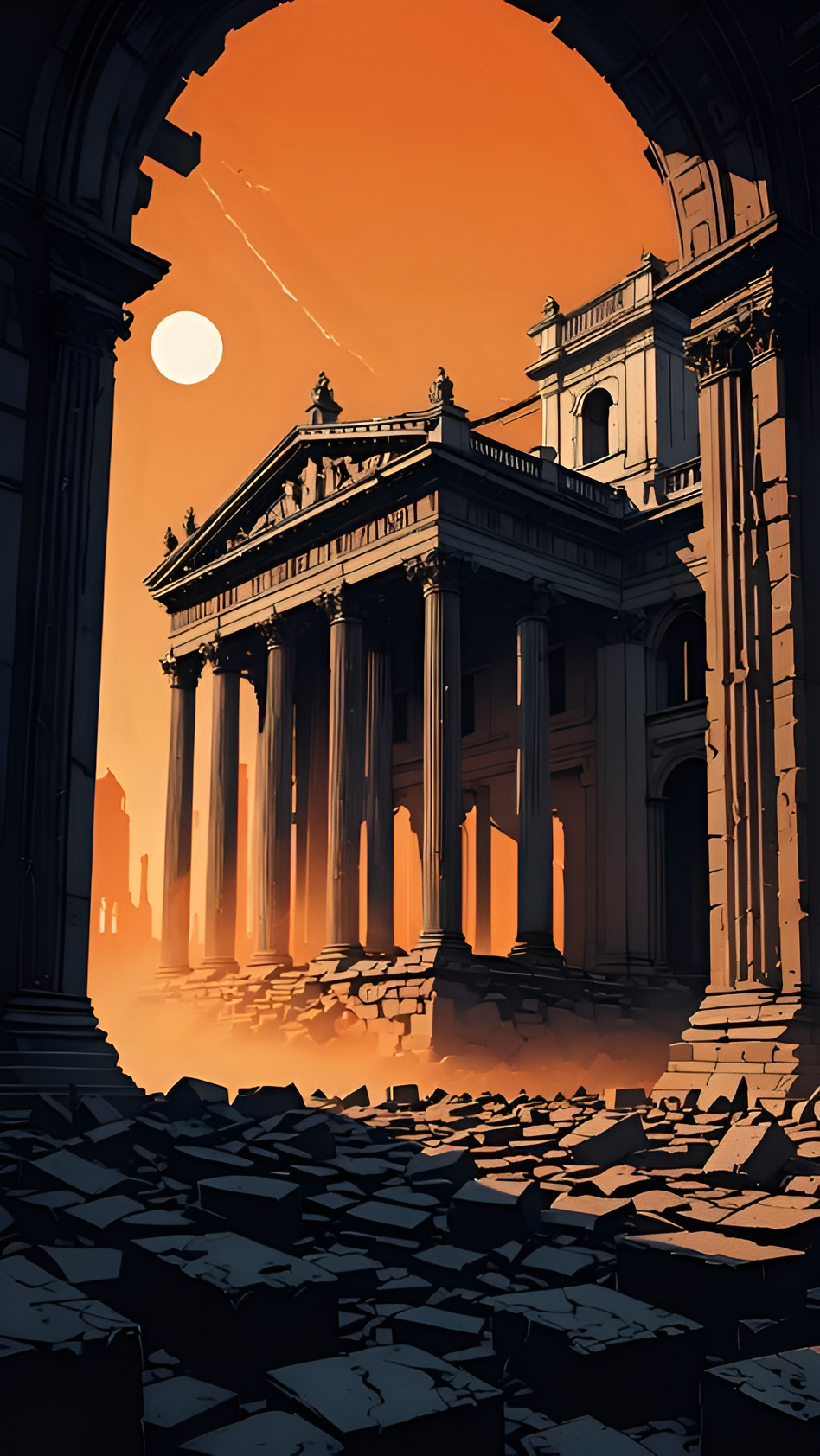 Ruins of Grand Classical Temple Under Orange Apocalypse Sky - Free 4K mobile Wallpaper