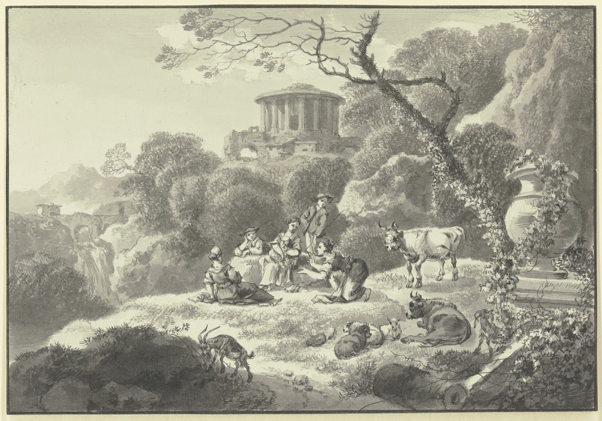 Bewaldete Hügellandschaft mit antikem Rundtempel 1776