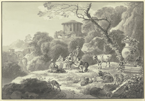 Bewaldete Hügellandschaft mit antikem Rundtempel 1776