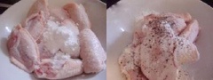 Ướp cánh gà với tỏi băm, bột mì, rượu trắng và các loại gia vị: đường, muối, tiêu đập dập trong nửa giờ cho ngấm.