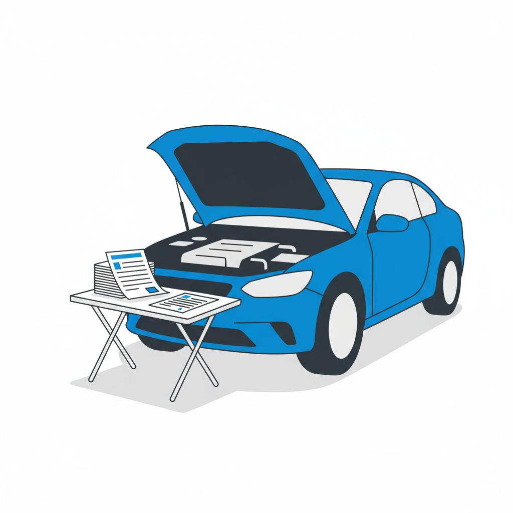 Minimalist vector illustration of a car with open hood and printed vehicle history report on a fender representing usedcar dealerships near me inspection process