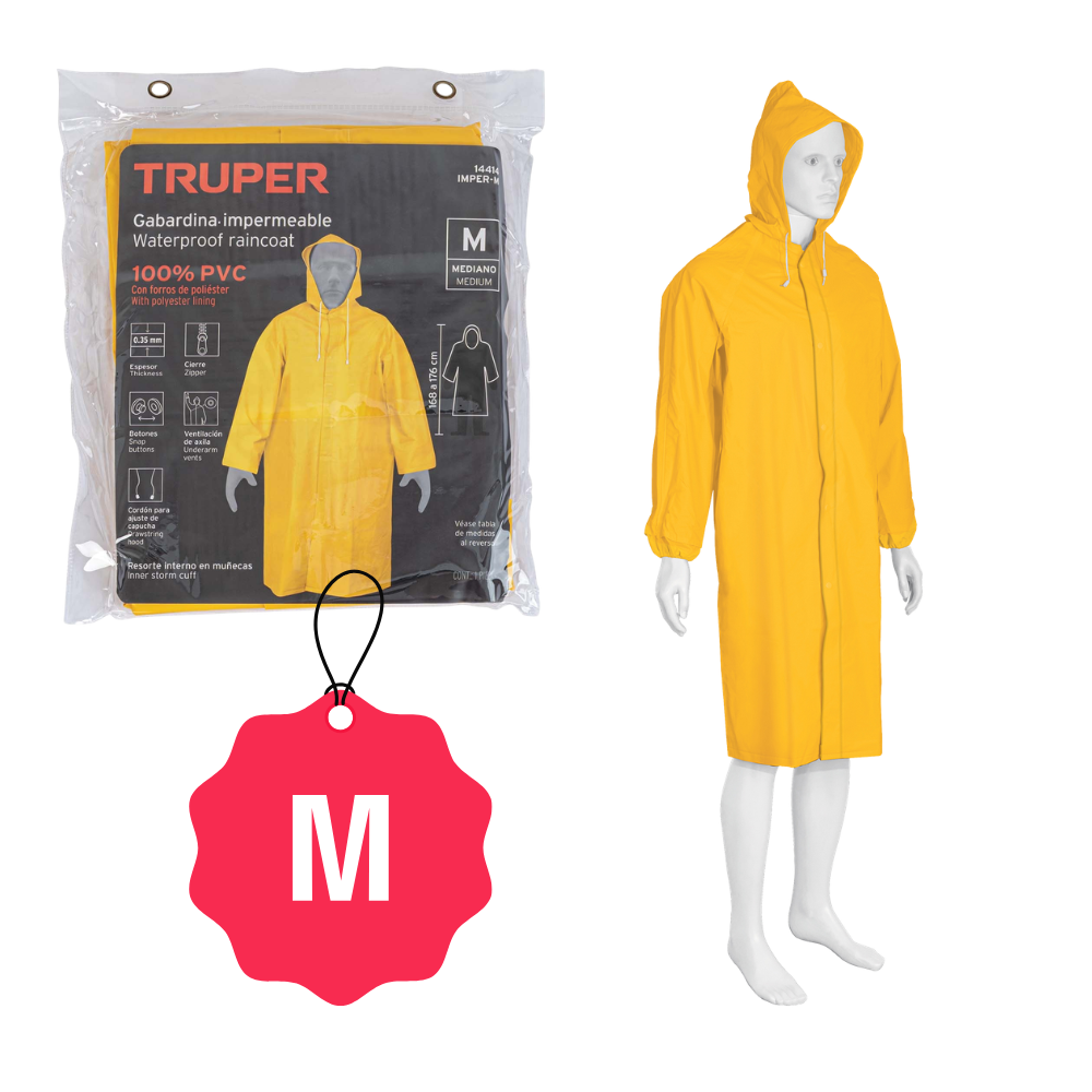 Gabardina Impermeable Doble Capa con Cierre y Botones y Capucha Ajustable Talla M Truper