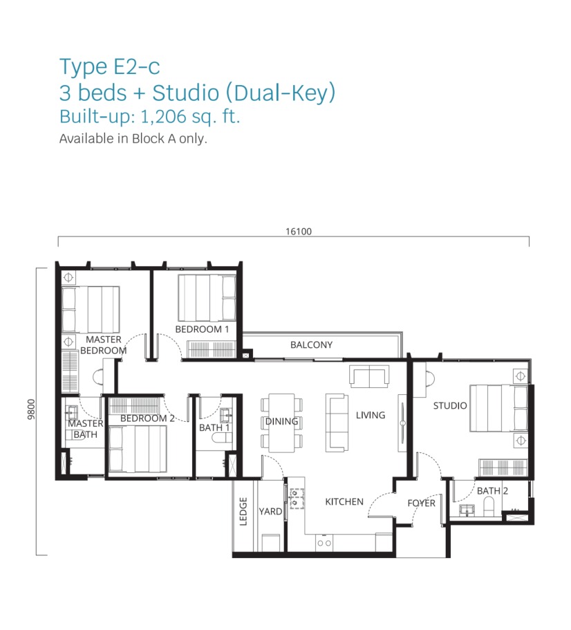 Stellaris Riana Dutamas Type E2-C floor plan — 1162 sq ft, 3 bedrooms